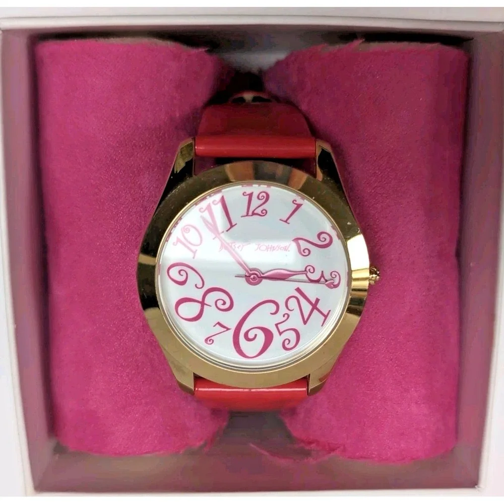 Betsey Johnson Watch Gold Case Pink Swirl Numbers Patent Strap Box BJ2140